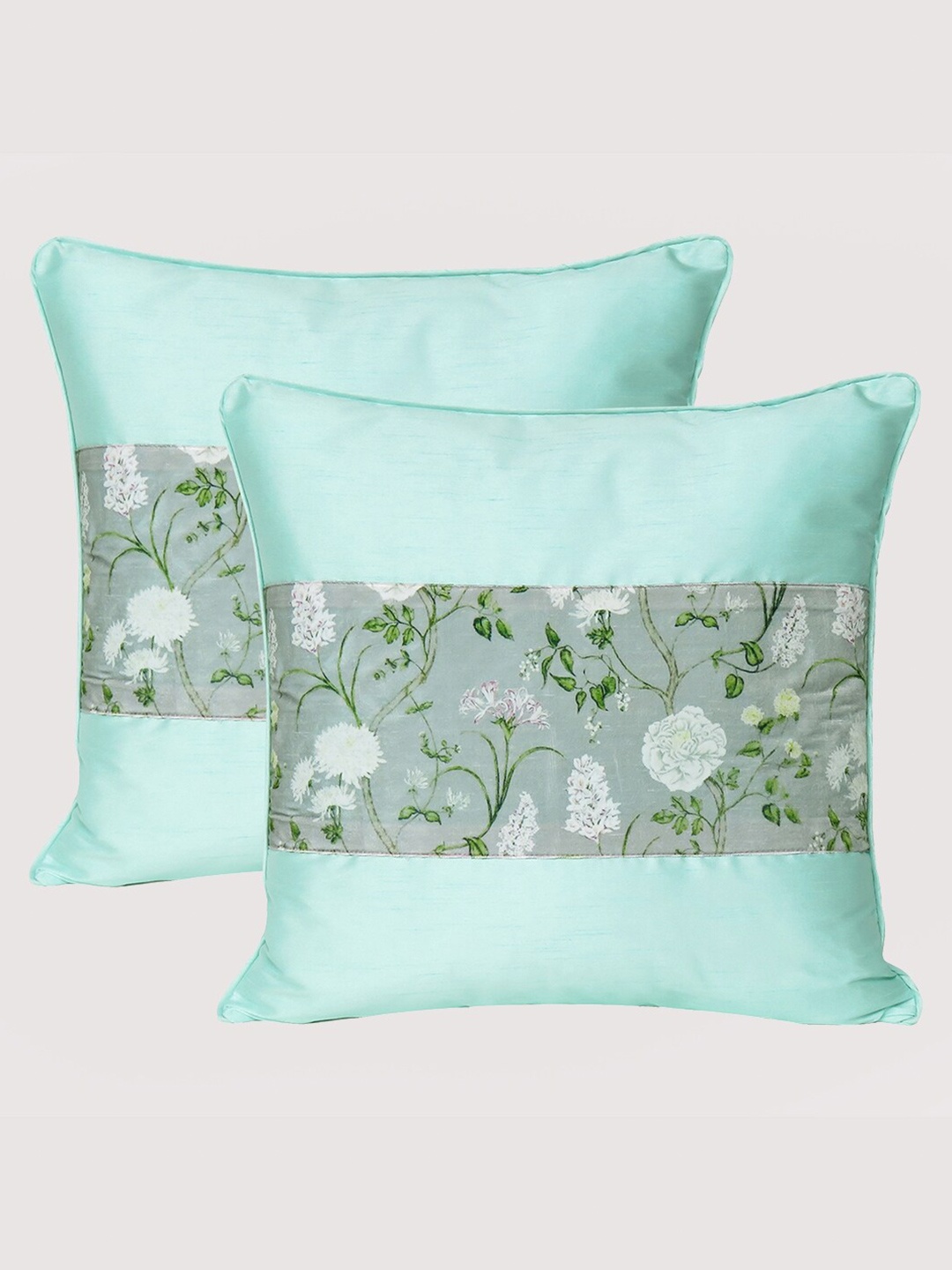 

OUSSUM Green & White Set of 2 Floral Velvet Square Cushion Covers