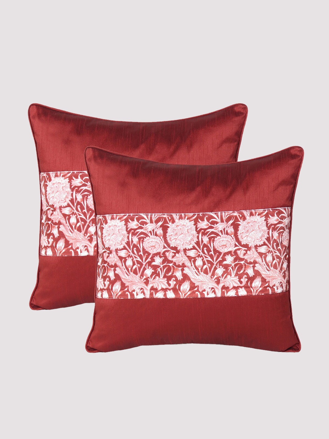 

OUSSUM Maroon & White Set of 2 Floral Velvet Square Cushion Covers
