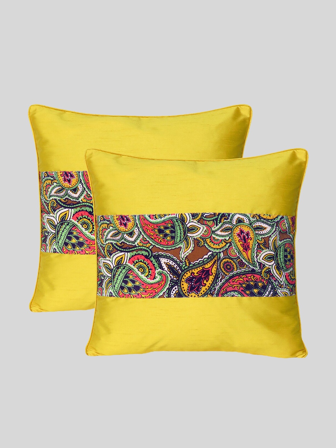 

OUSSUM Yellow & Green Set of 2 Ethnic Motifs Velvet Square Cushion Covers