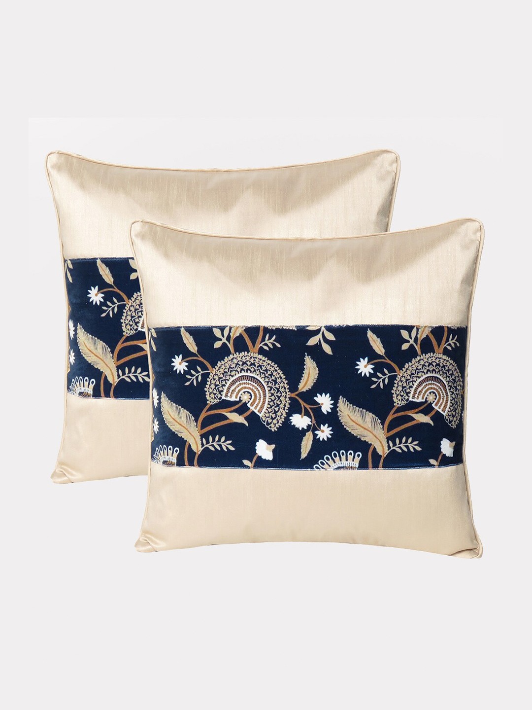 

OUSSUM Beige & White Set of 2 Floral Velvet Square Cushion Covers