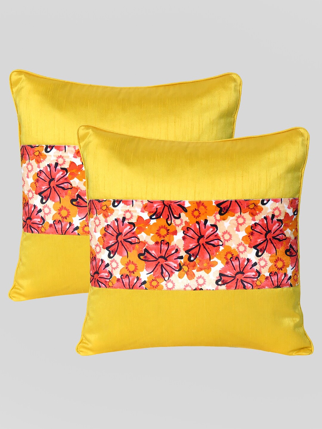 

OUSSUM Yellow & Pink Set of 2 Floral Velvet Square Cushion Covers