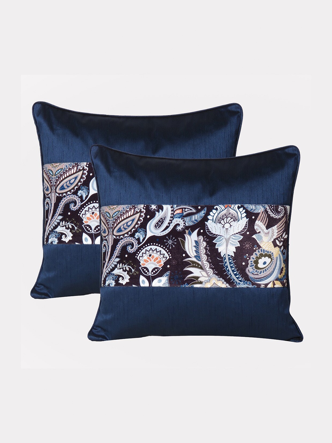 

OUSSUM Navy Blue & White Set of 2 Floral Velvet Square Cushion Covers