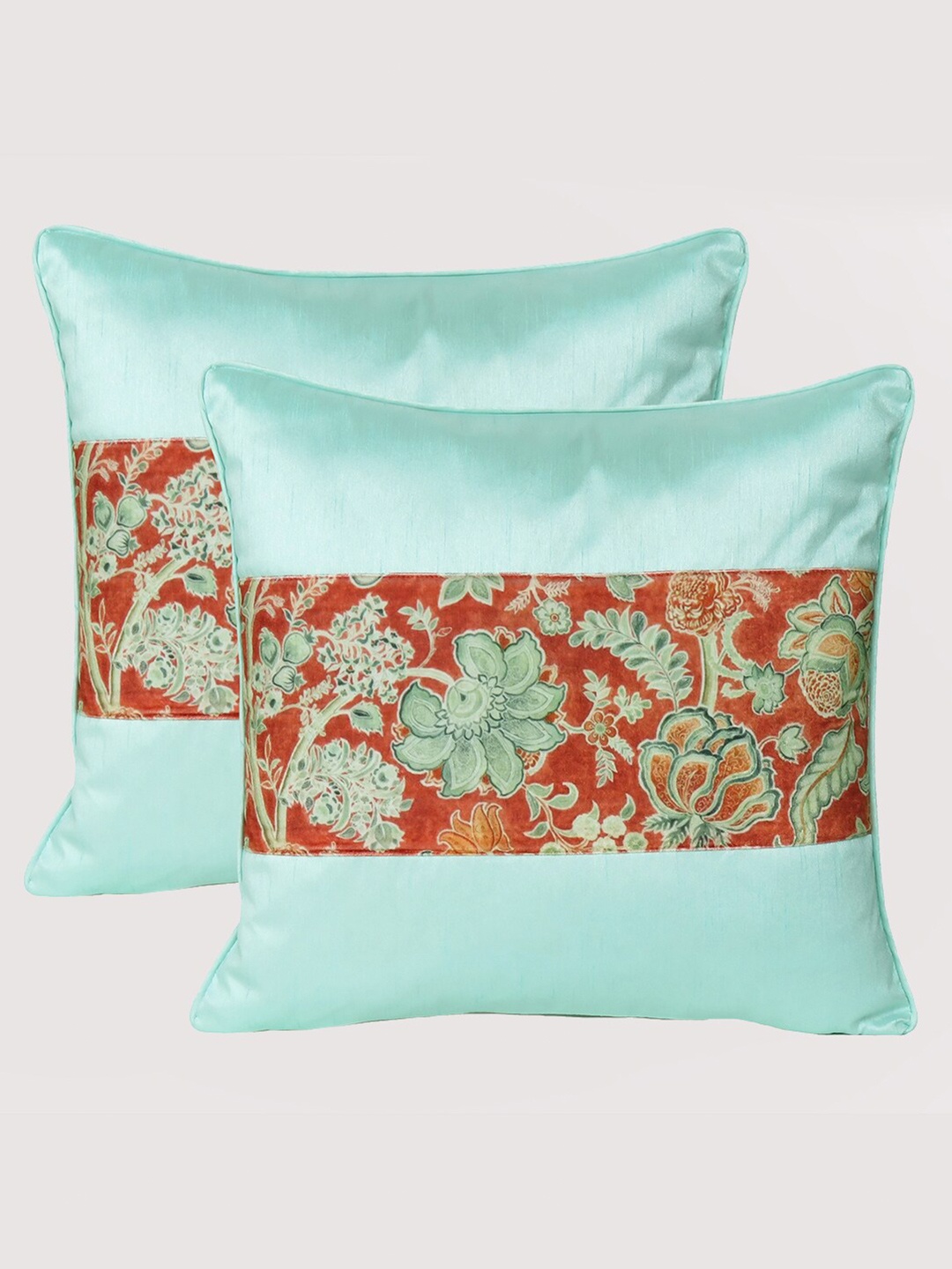 

OUSSUM Sea Green & Red Set of 2 Floral Velvet Square Cushion Covers