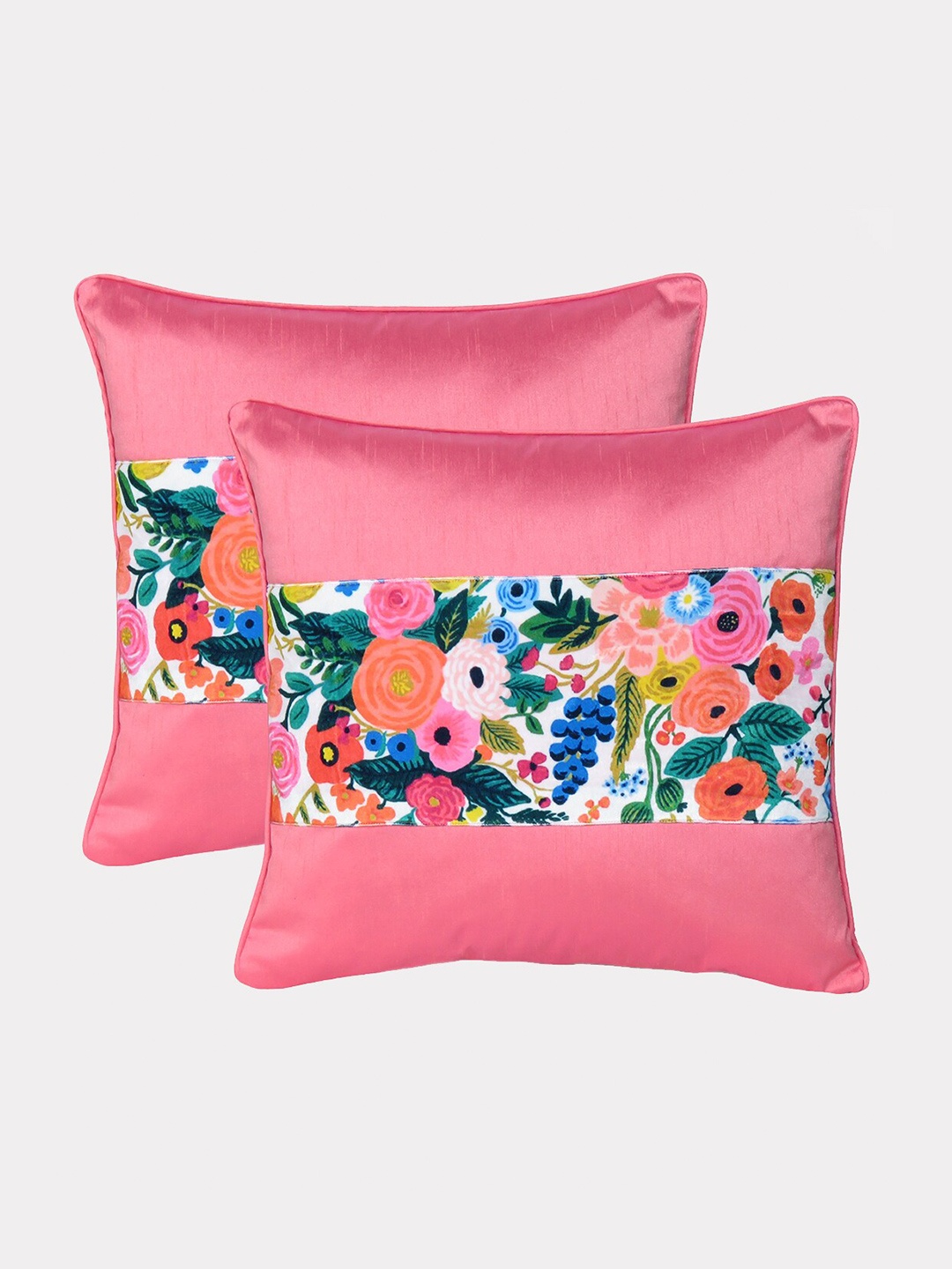 

OUSSUM Pink & Blue Set of 2 Floral Velvet Square Cushion Covers