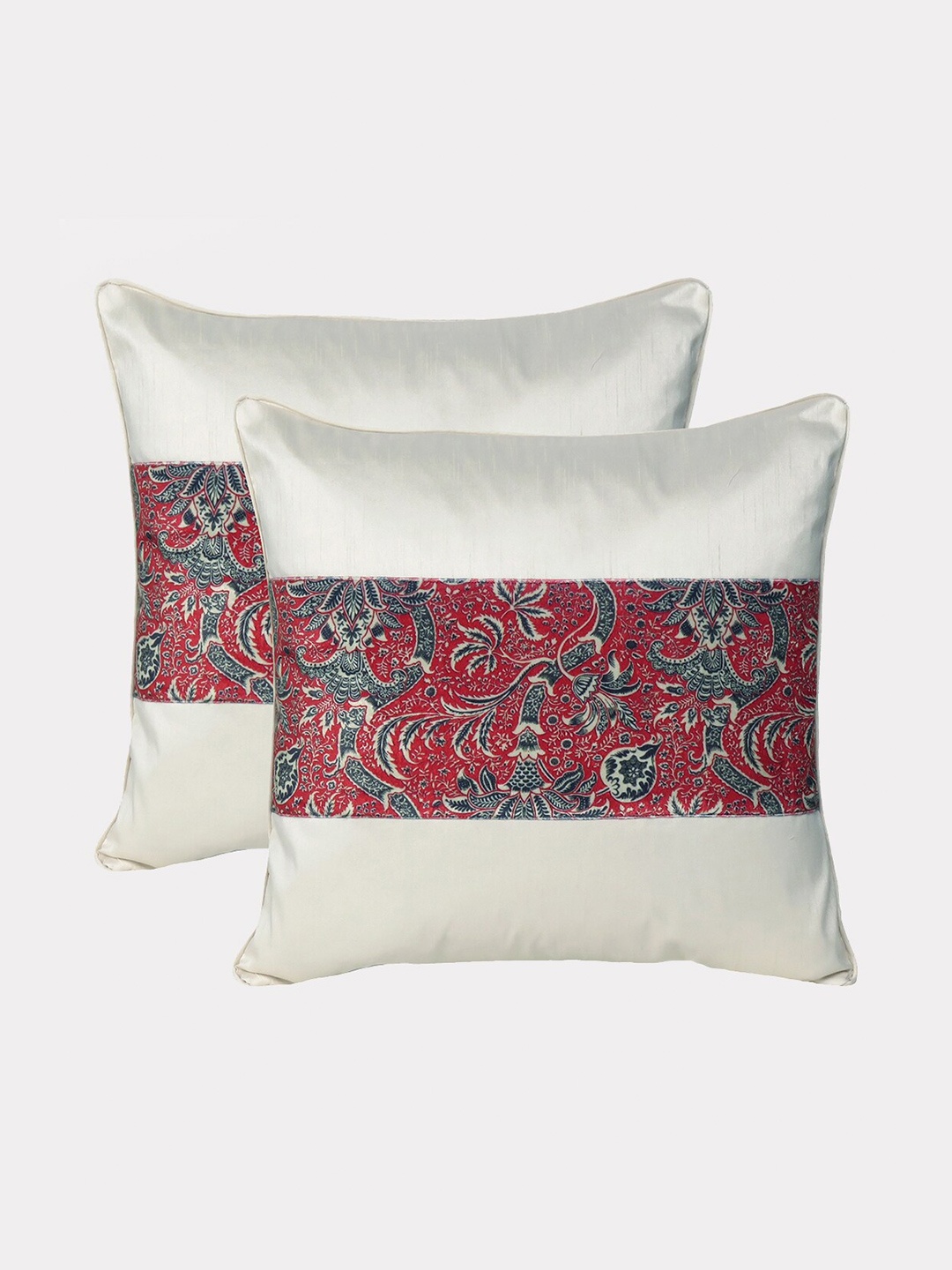 

OUSSUM Cream-Coloured & Maroon Set of 2 Floral Velvet Square Cushion Covers