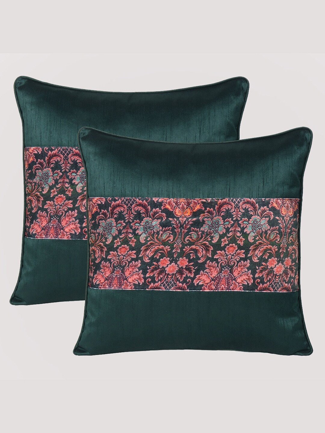 

OUSSUM Green & Pink Set of 2 Floral Velvet Square Cushion Covers