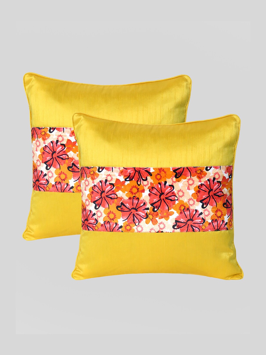 

OUSSUM Yellow & Red Set of 2 Floral Velvet Square Cushion Covers