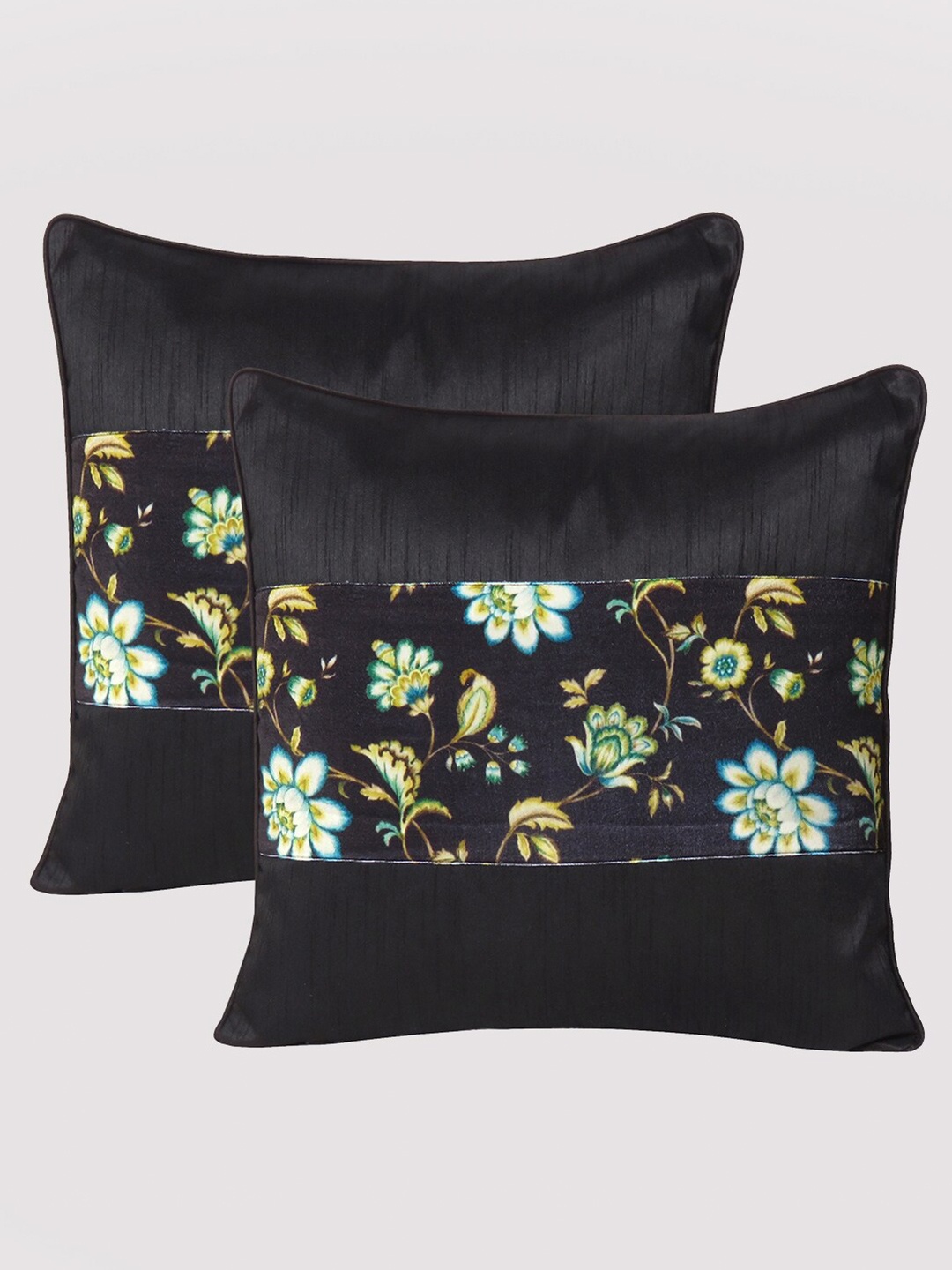 

OUSSUM Black & Green Set of 2 Floral Velvet Square Cushion Covers