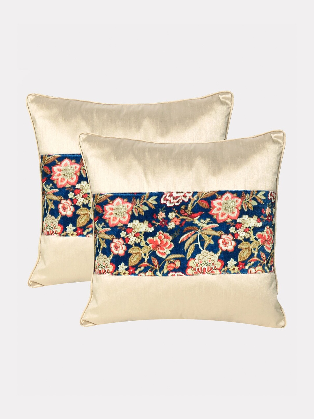

OUSSUM Beige & Blue Set of 2 Floral Velvet Square Cushion Covers