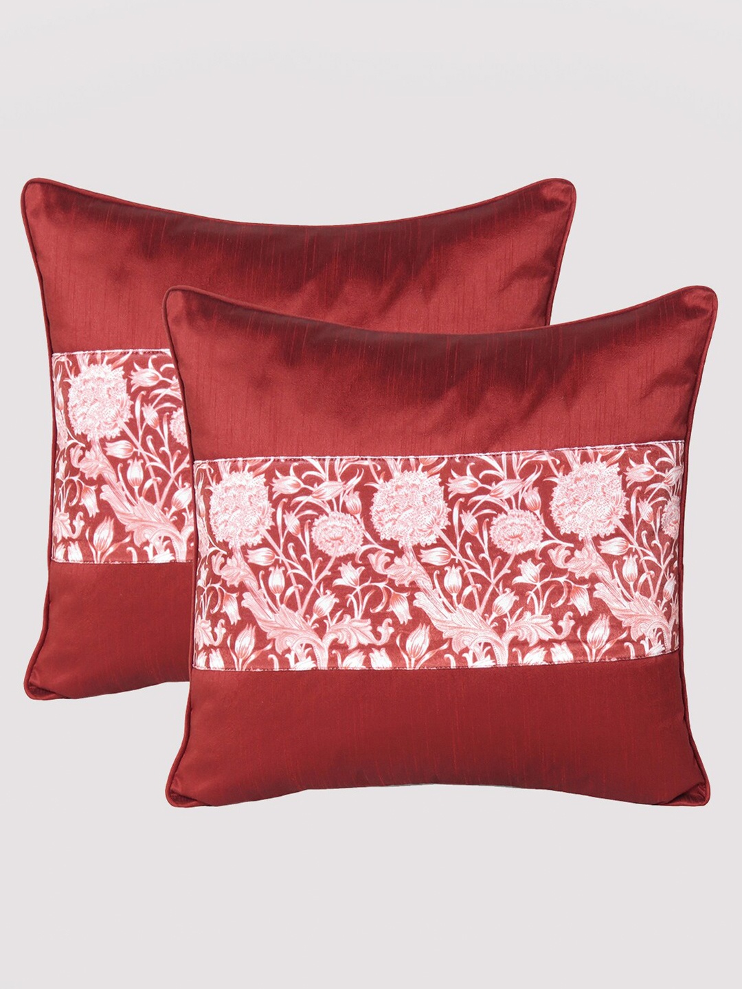 

OUSSUM Maroon & White Set of 2 Floral Velvet Square Cushion Covers