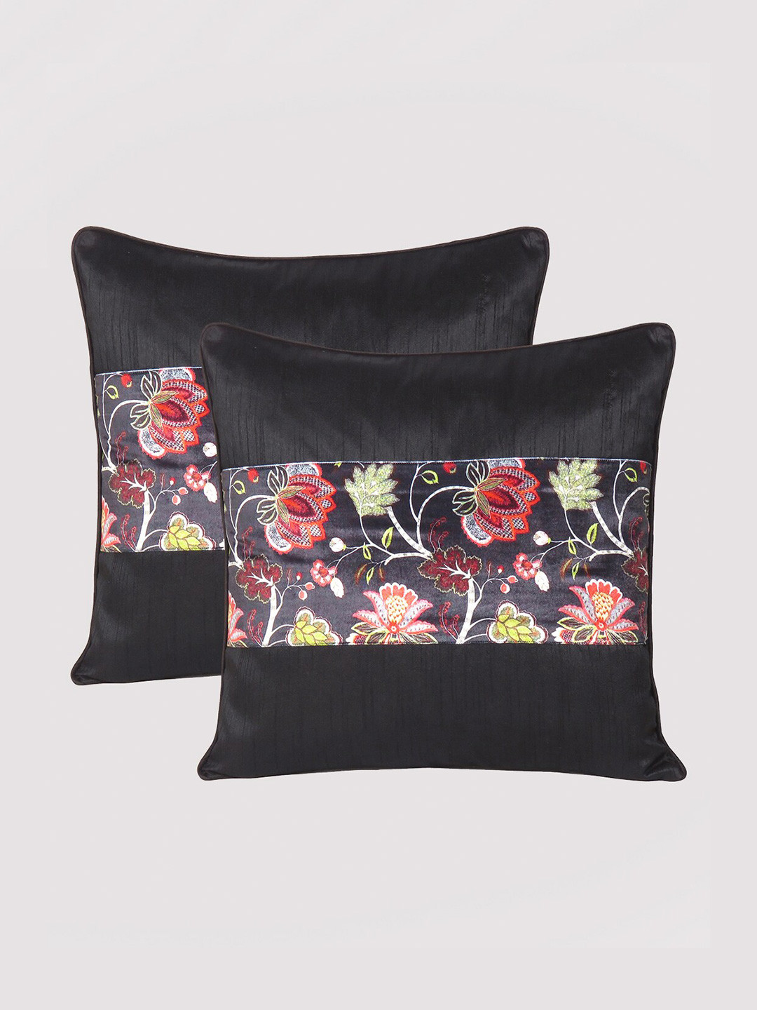 

OUSSUM Black & Green Set of 2 Floral Velvet Square Cushion Covers
