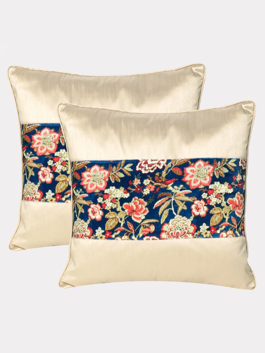 

OUSSUM Beige & Green Set of 2 Floral Velvet Square Cushion Covers