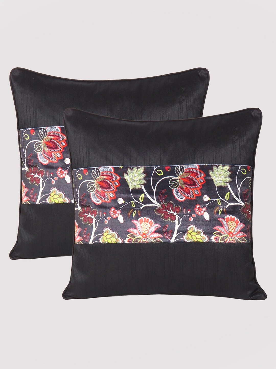 

OUSSUM Black & Pink Set of 2 Floral Velvet Square Cushion Covers
