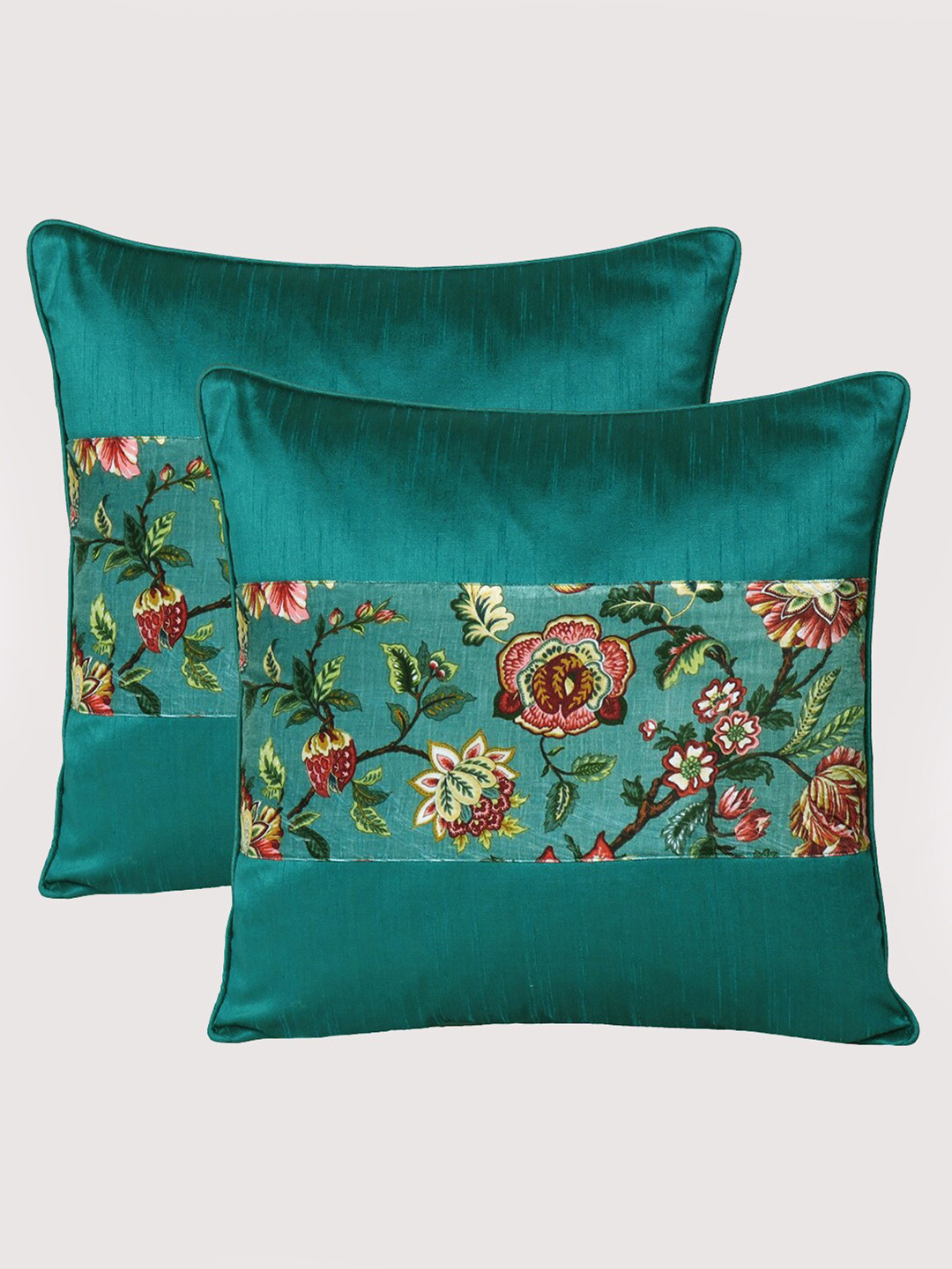 

OUSSUM Green & Maroon Set of 2 Floral Velvet Square Cushion Covers