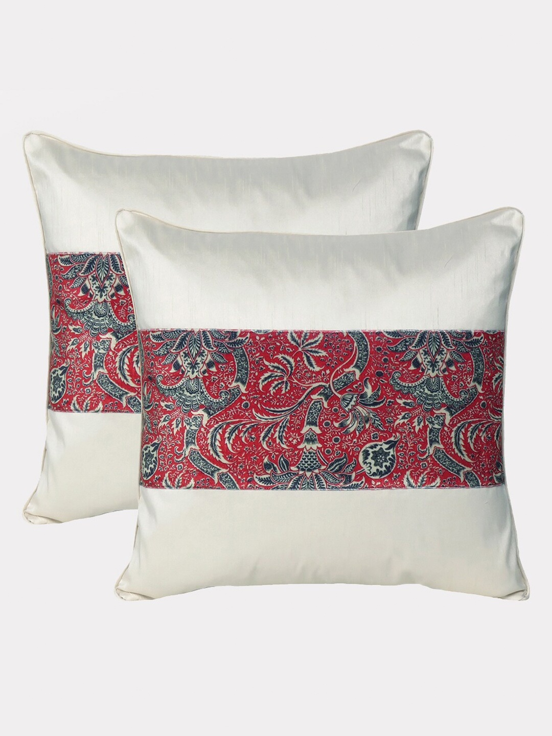 

OUSSUM Cream-Coloured & Maroon Set of 2 Floral Velvet Square Cushion Covers