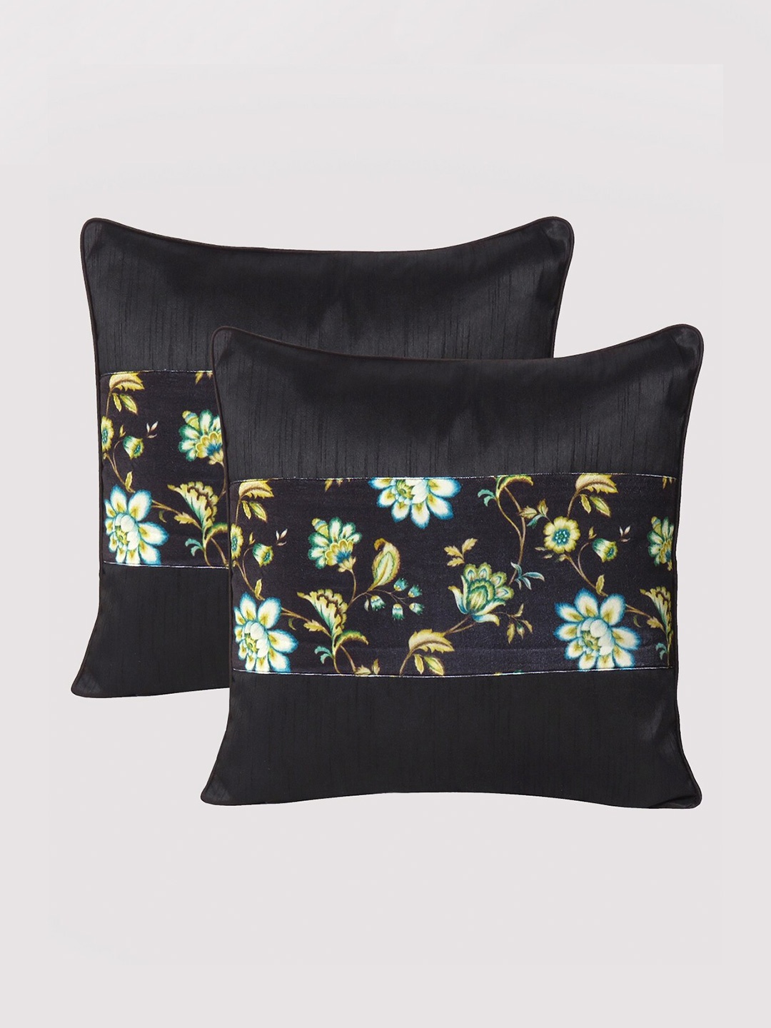 

OUSSUM Black & Green Set of 2 Floral Velvet Square Cushion Covers