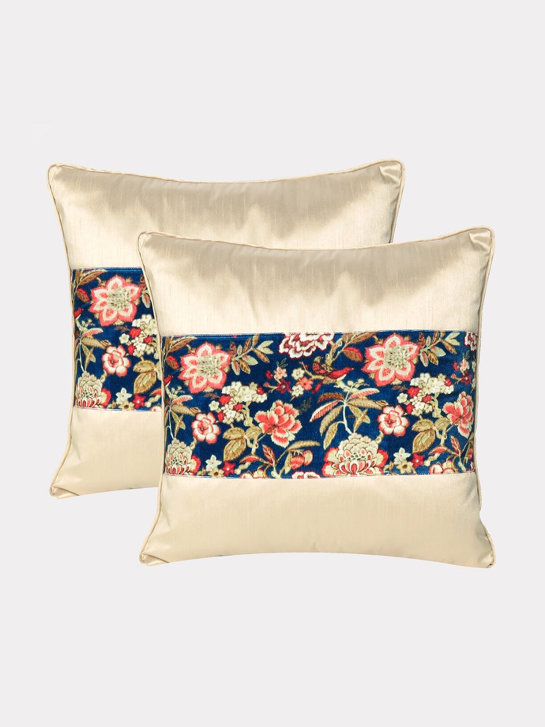 

OUSSUM Beige & Blue Set of 2 Floral Velvet Square Cushion Covers