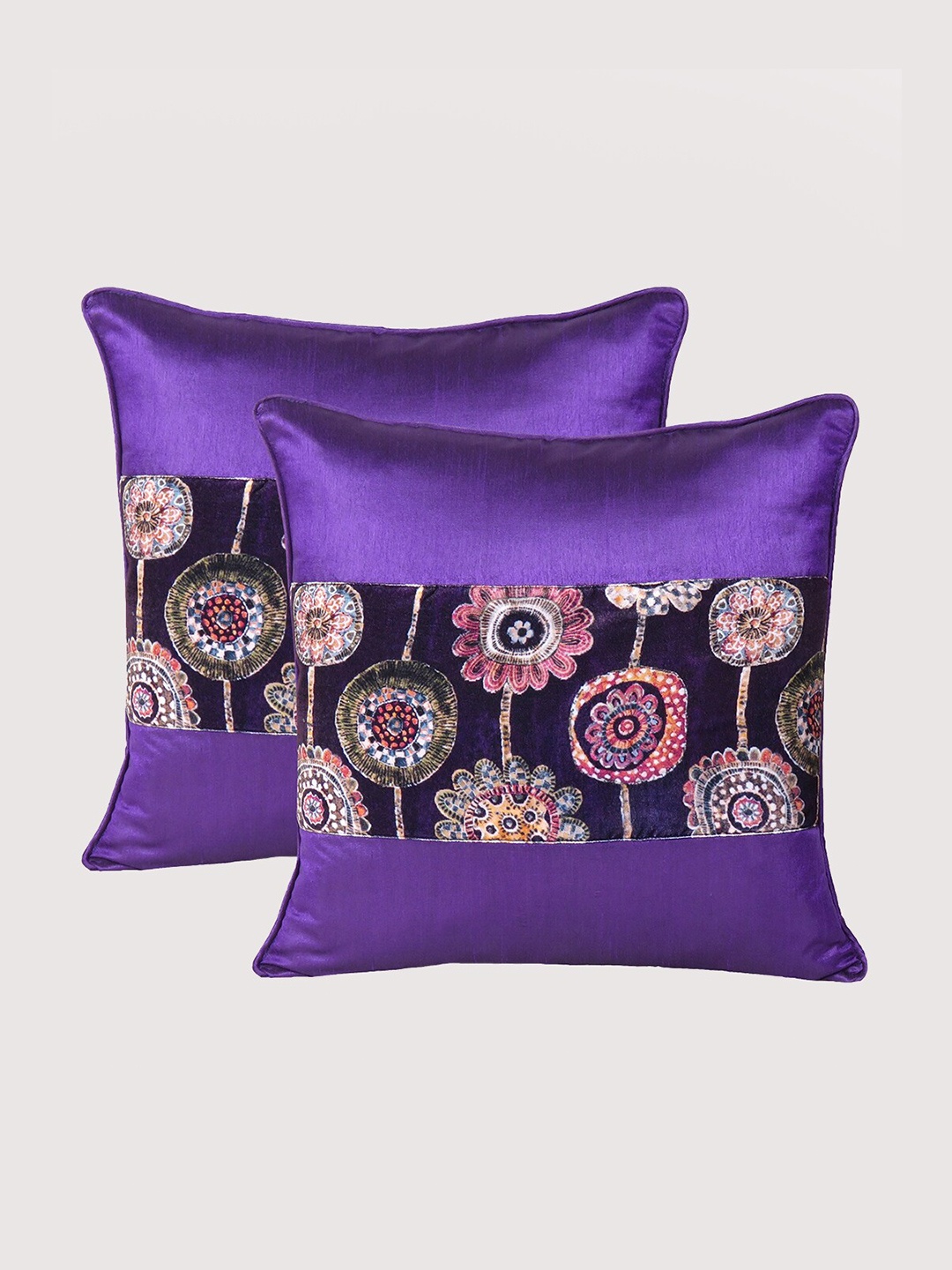 

OUSSUM Purple & Black Set of 2 Floral Velvet Square Cushion Covers