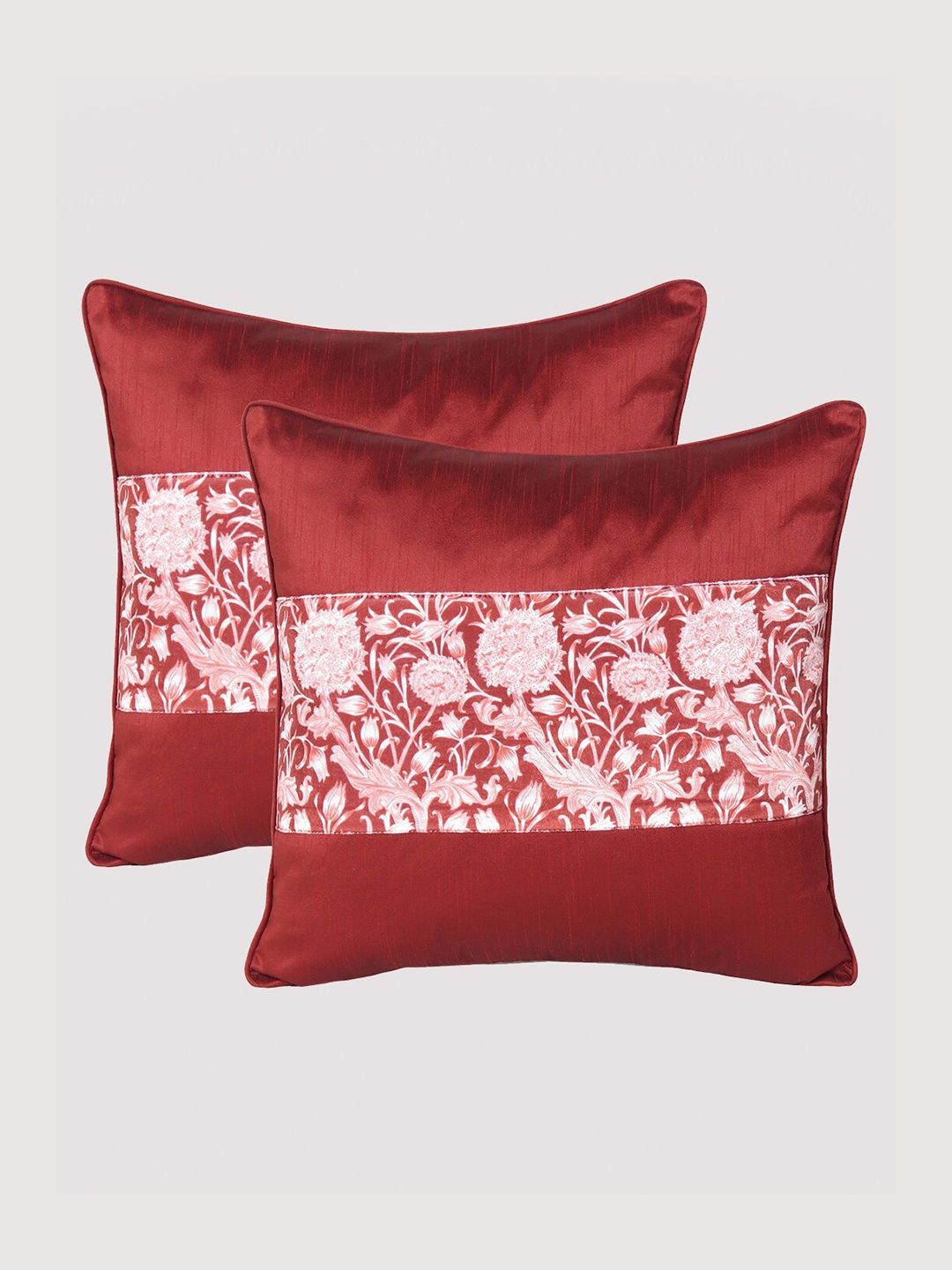 

OUSSUM Maroon & White Set of 2 Floral Velvet Square Cushion Covers
