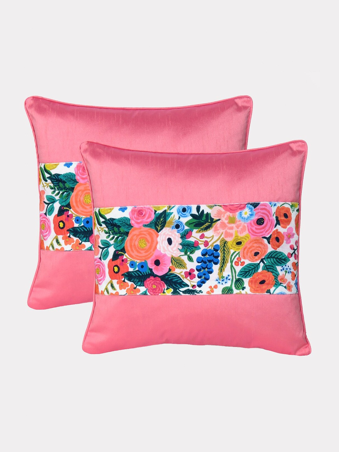 

OUSSUM Pink & Green Set of 2 Floral Velvet Square Cushion Covers
