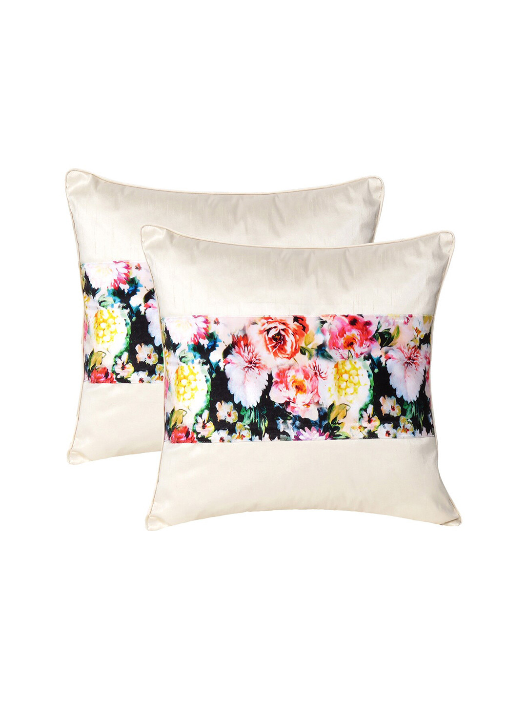

OUSSUM Cream-Coloured & Navy Blue Set of 2 Floral Velvet Square Cushion Covers