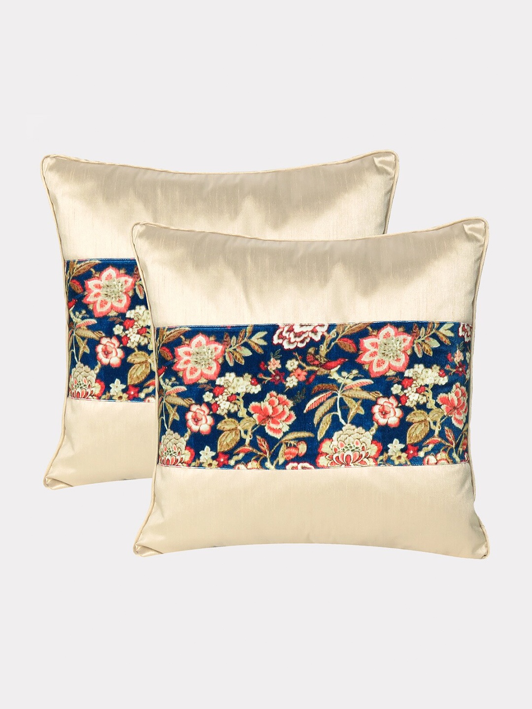 

OUSSUM Beige & Navy Blue Set of 2 Floral Velvet Square Cushion Covers