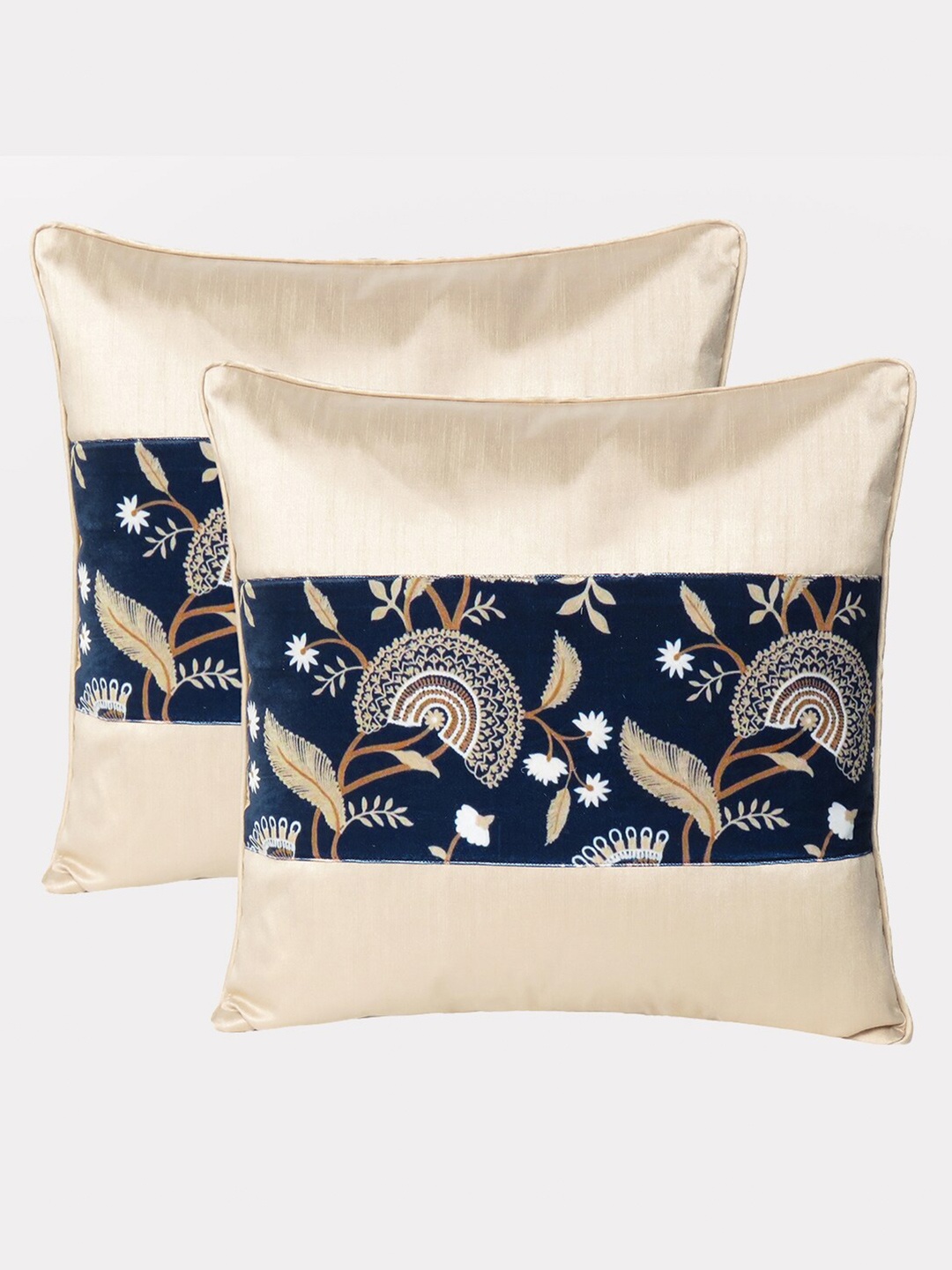 

OUSSUM Beige & Navy Blue Set of 2 Floral Velvet Square Cushion Covers