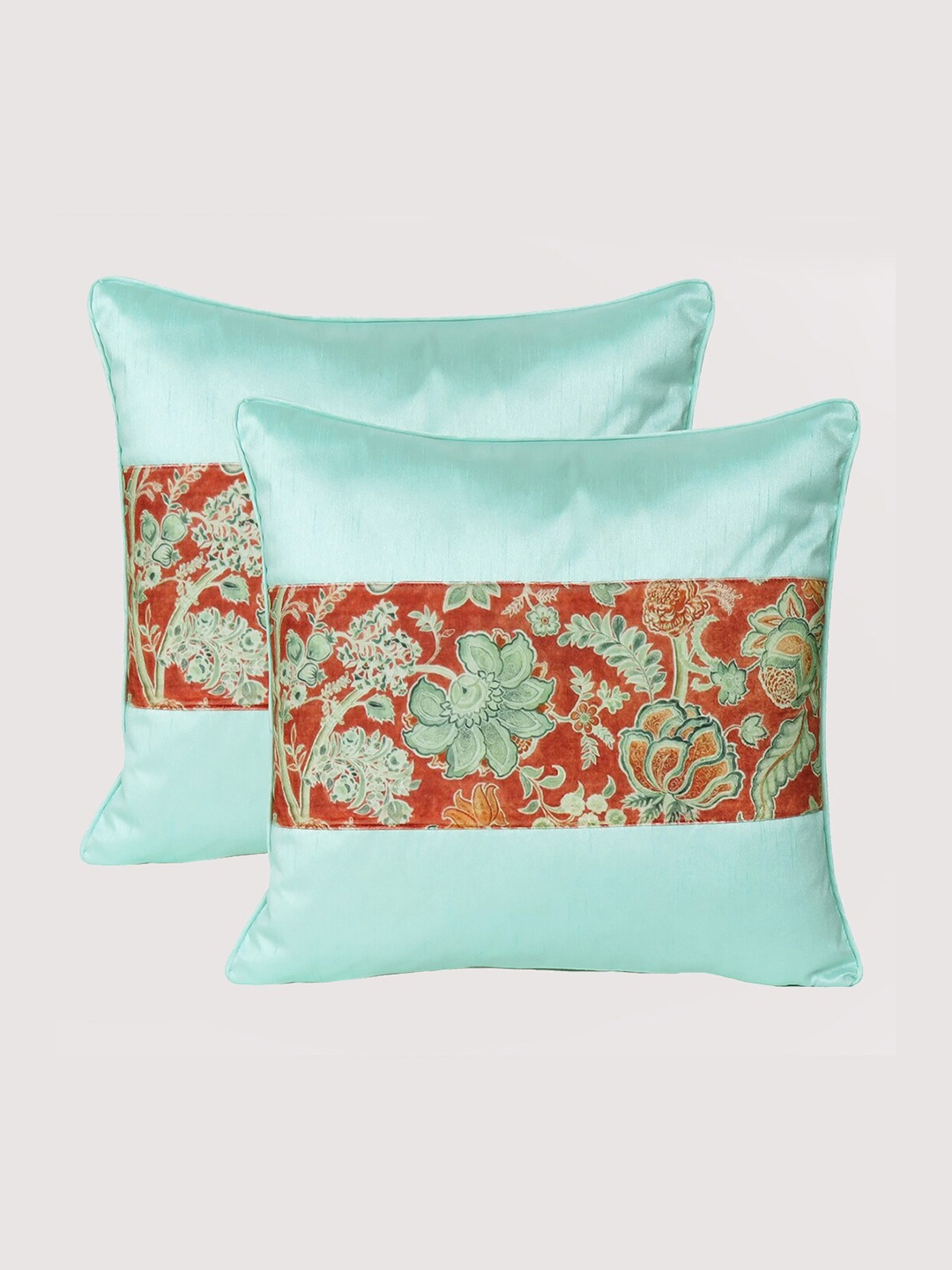 

OUSSUM Sea Green & Red Set of 2 Floral Velvet Square Cushion Covers