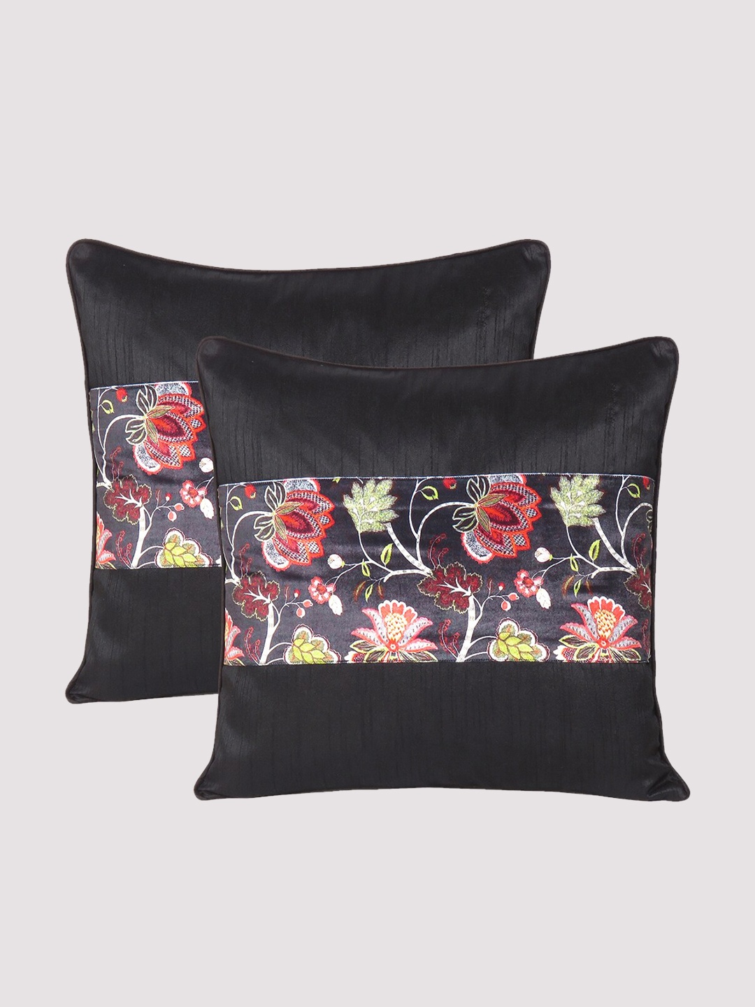 

OUSSUM Black & Red Set of 2 Floral Velvet Square Cushion Covers