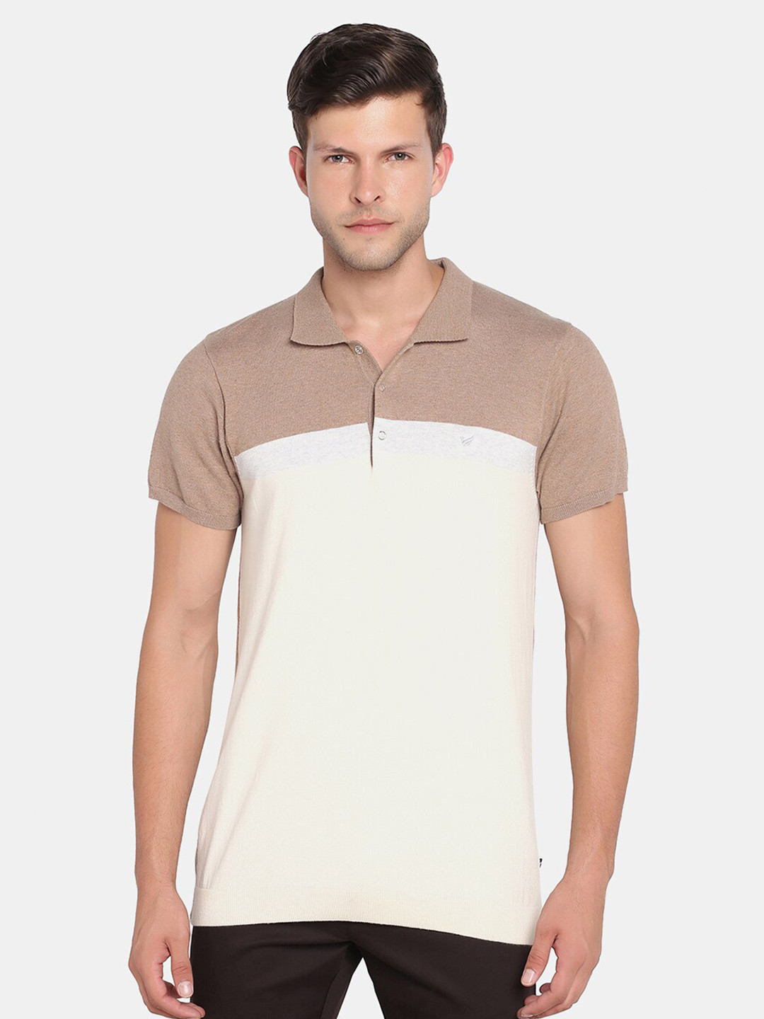 

Blackberrys Men Beige & White Colourblocked Polo Collar Slim Fit T-shirt