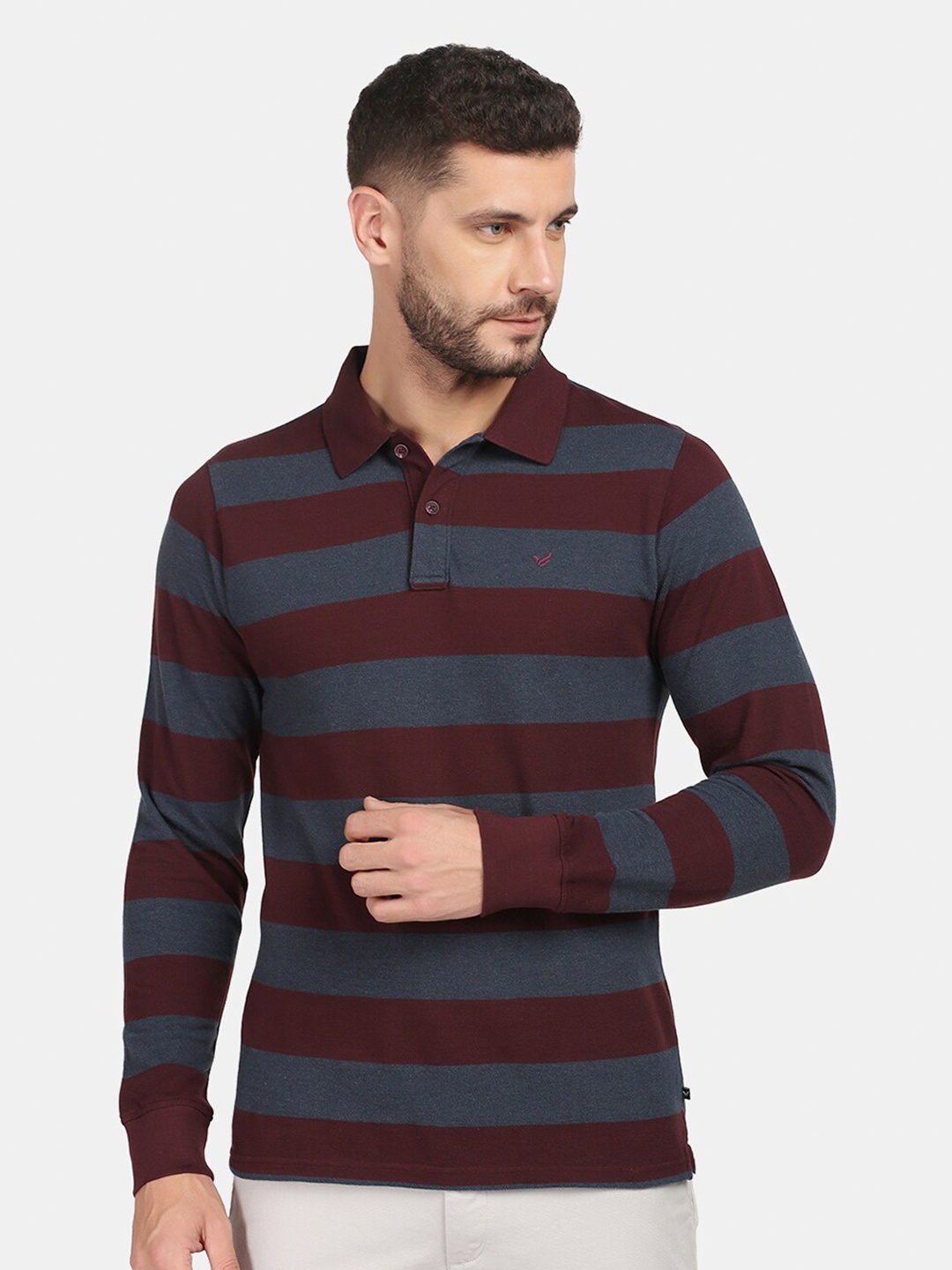 

Blackberrys Men Red & Grey Striped Polo Collar Slim Fit Pure Cotton T-shirt