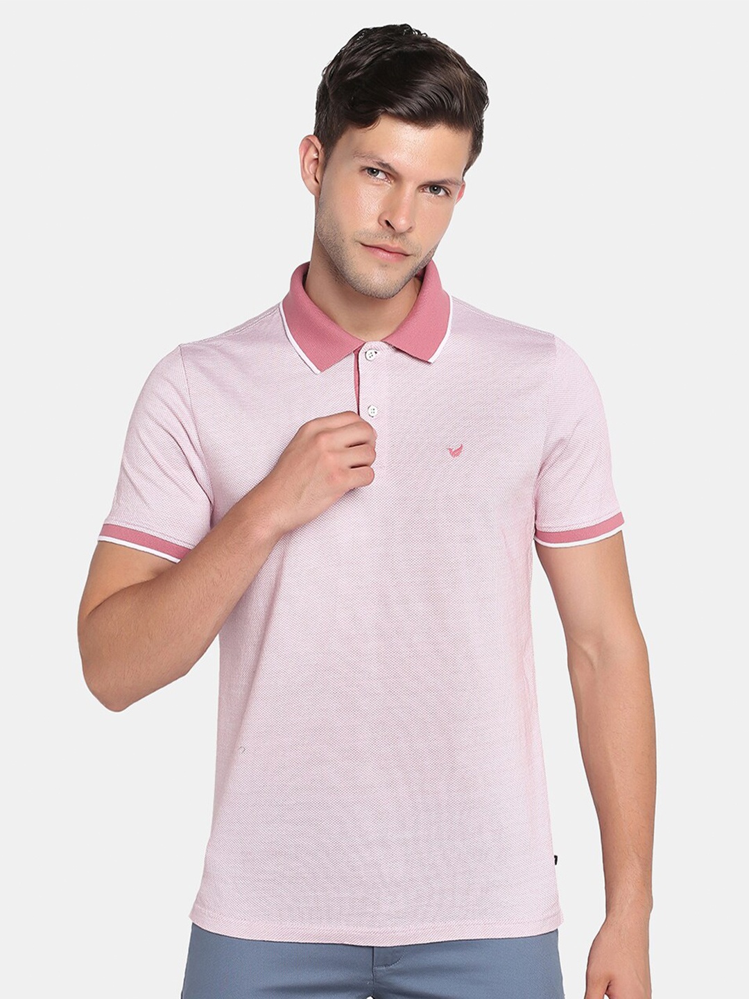 

Blackberrys Men Peach-Coloured Polo Collar Slim Fit Pure Cotton T-shirt