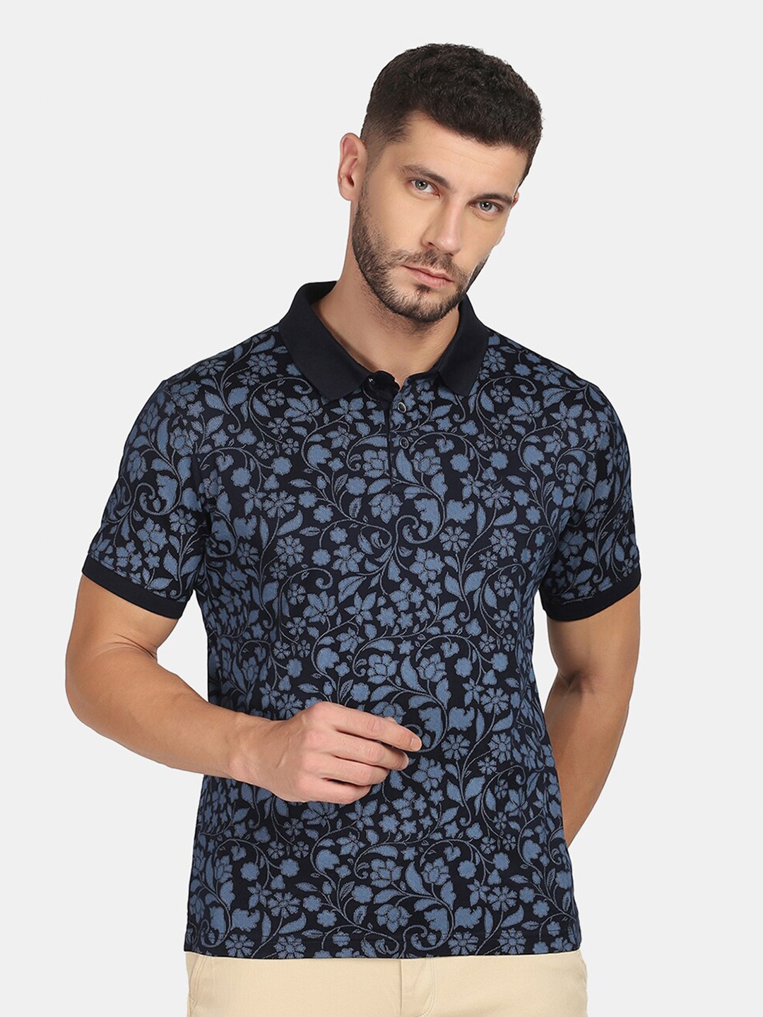 

Blackberrys Men Navy Blue Floral Printed Polo Collar Slim Fit Pure Cotton T-shirt