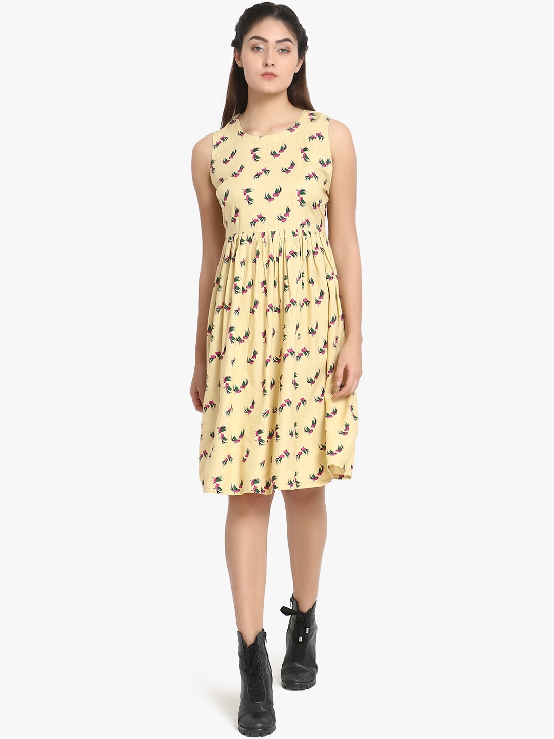 

DIVINATION Women Yellow & Green Printed A-Line Dress