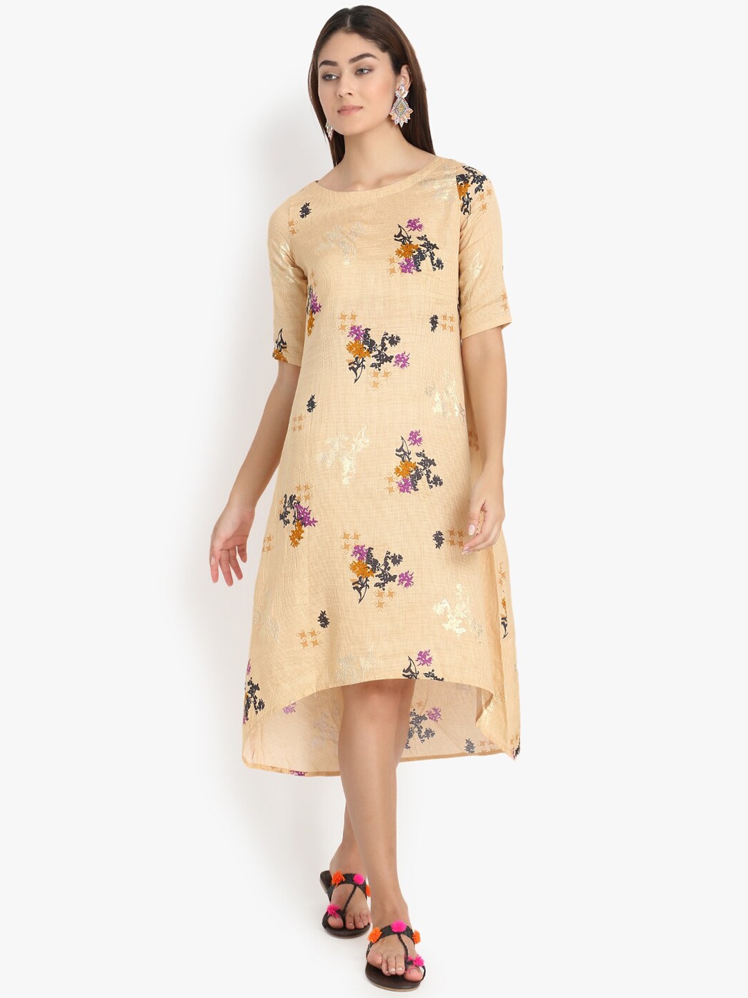 

DIVINATION Women Multicoloured Floral Printed Thread Work Kurta, Beige