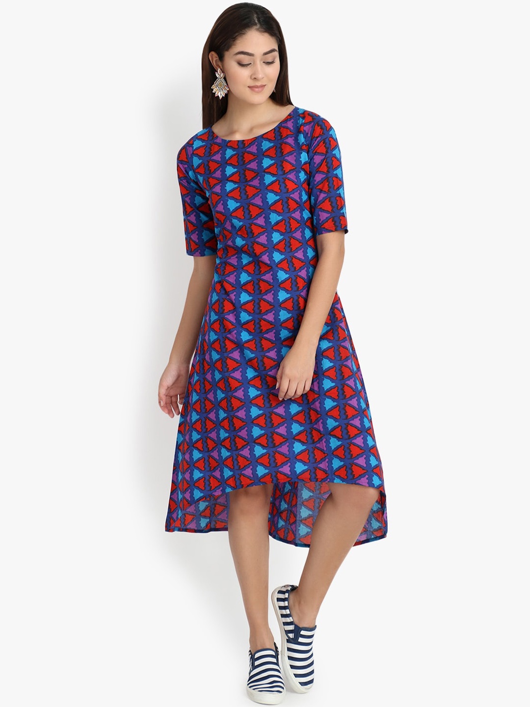 

DIVINATION Women Blue & Orange Geometric Printed Fusion Kurta