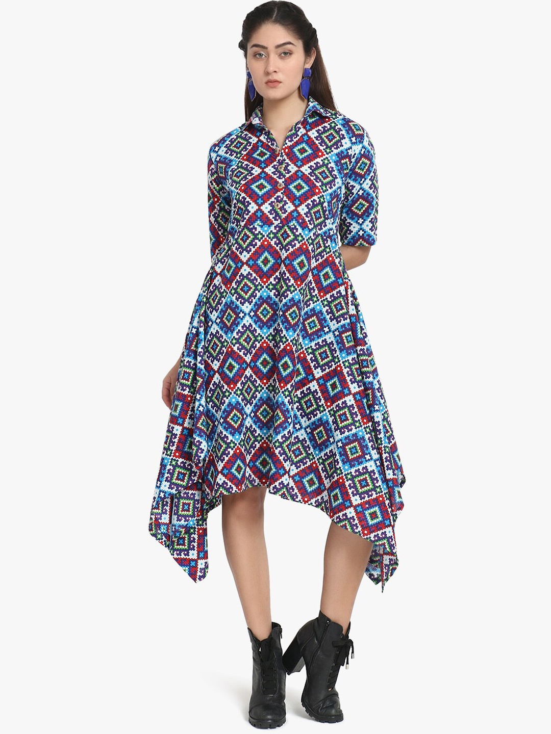 

DIVINATION Women White & Red Geometric Printed Asymmetric Hem Kurta