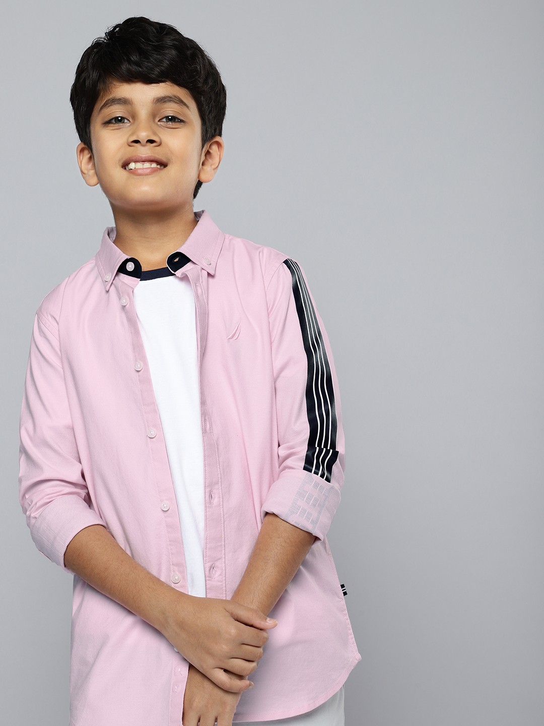 

Nautica Boys Solid Opaque Casual Shirt With Placement Striped & Brand Logo Print Detail, Pink