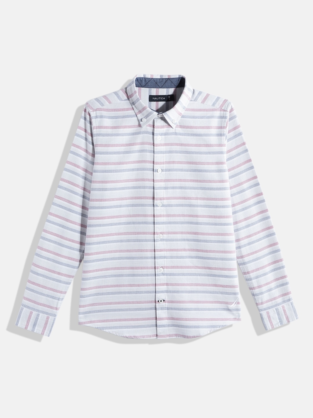 

Nautica Boys Multi or Variegated Stripes & Self Design Opaque Pure Cotton Casual Shirt, Grey