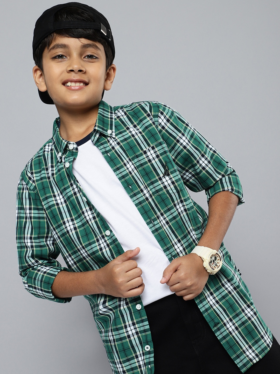 Nautica Boys Checked Casual Shirt, Green
