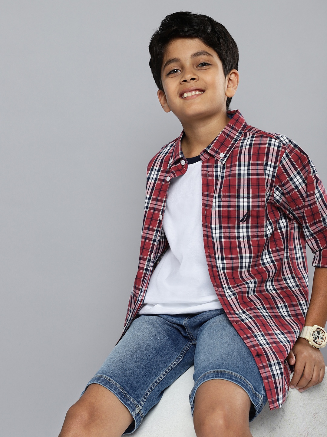 

Nautica Boys Tartan Checks Opaque Casual Shirt, Red