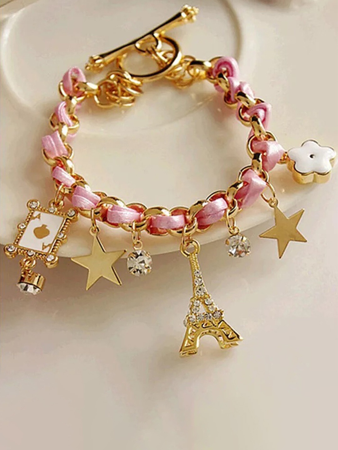 

Vembley Women Gold-Toned & Pink Cubic Zirconia Gold-Plated Charm Bracelet