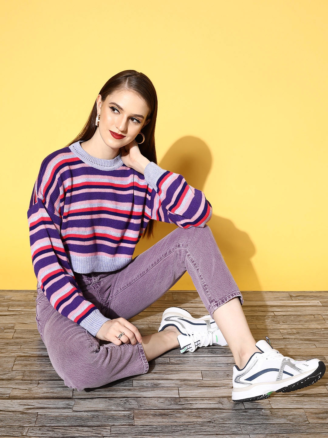 

Berrylush Women Purple Striped Knits Bits Sweater