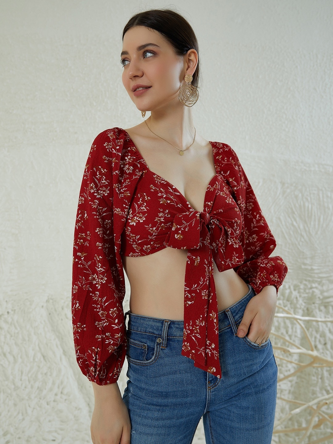 

Berrylush Floral Print Sweetheart Neck Crepe Blouson Crop Top, Red