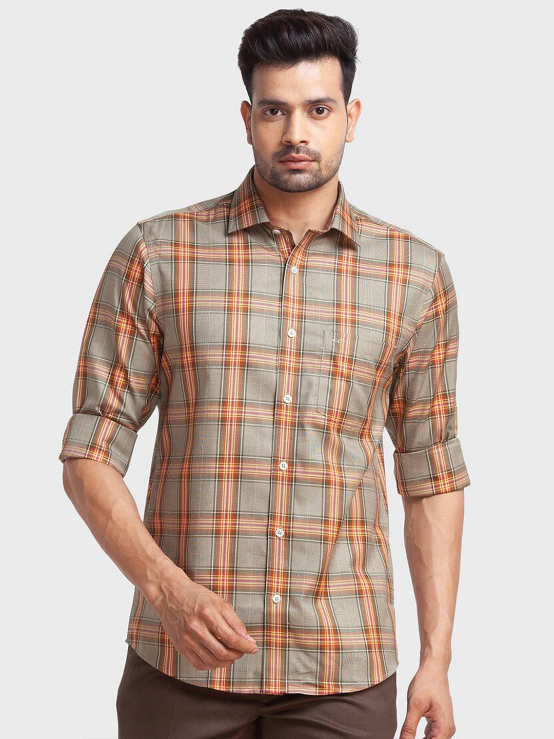 

ColorPlus Men Plus size Green Tailored Fit Tartan Checks Casual Organic cotton Shirt
