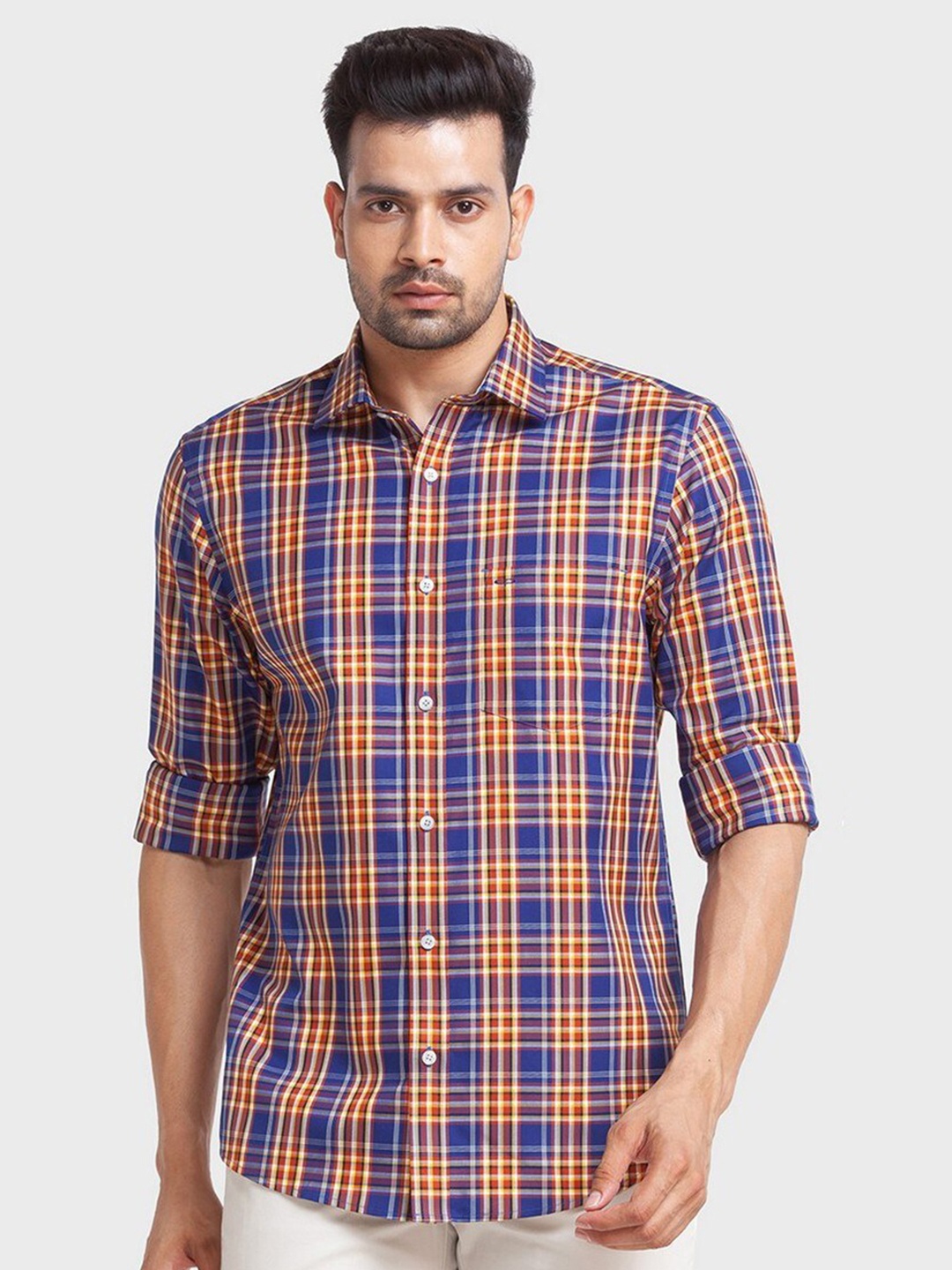 

ColorPlus Men Blue Tailored Fit Tartan Checks Checked Casual Shirt