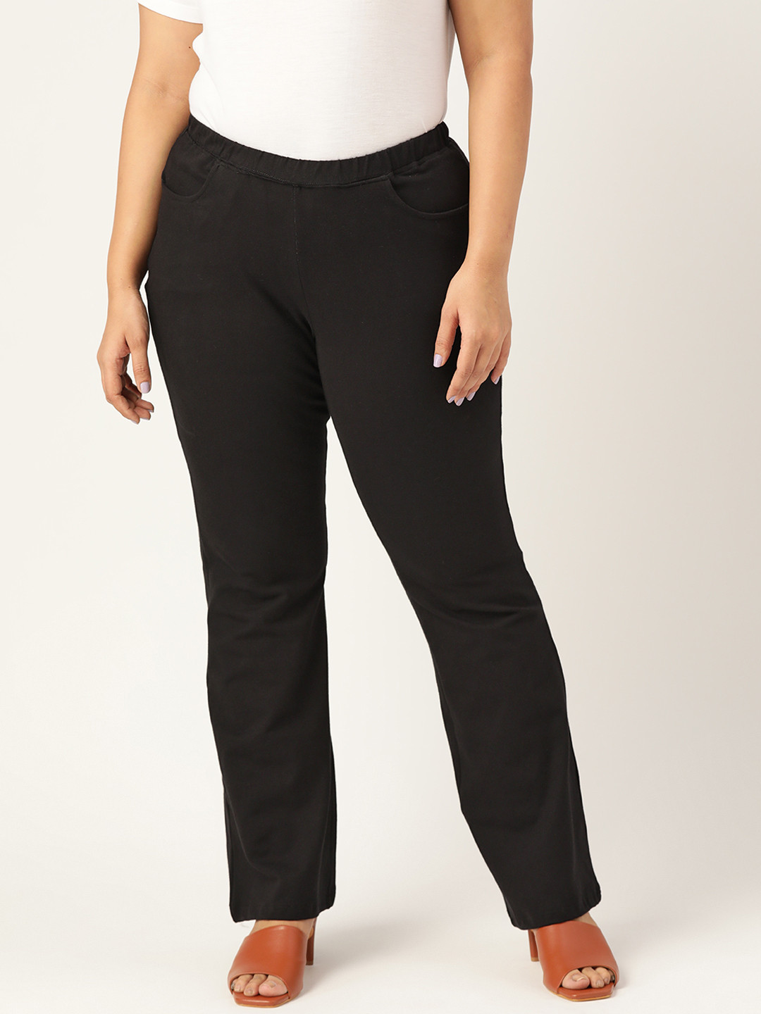 

theRebelinme Women Plus Size Black Solid Straight Fit High-Rise Trousers
