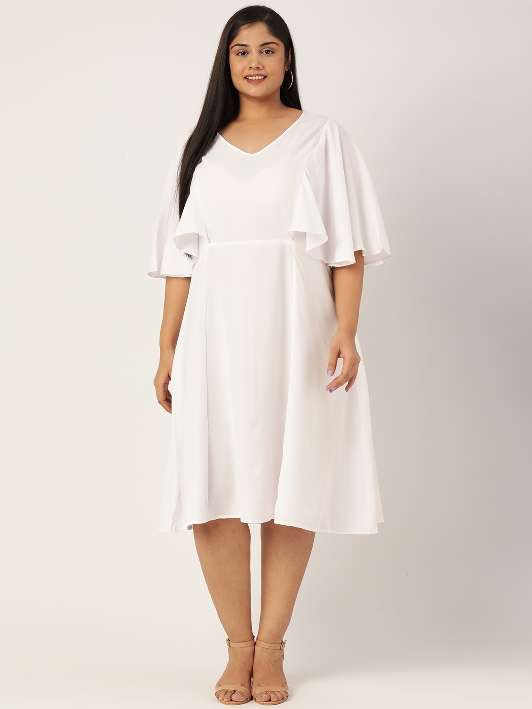 

theRebelinme Plus Size White Solid A-Line Midi Dress