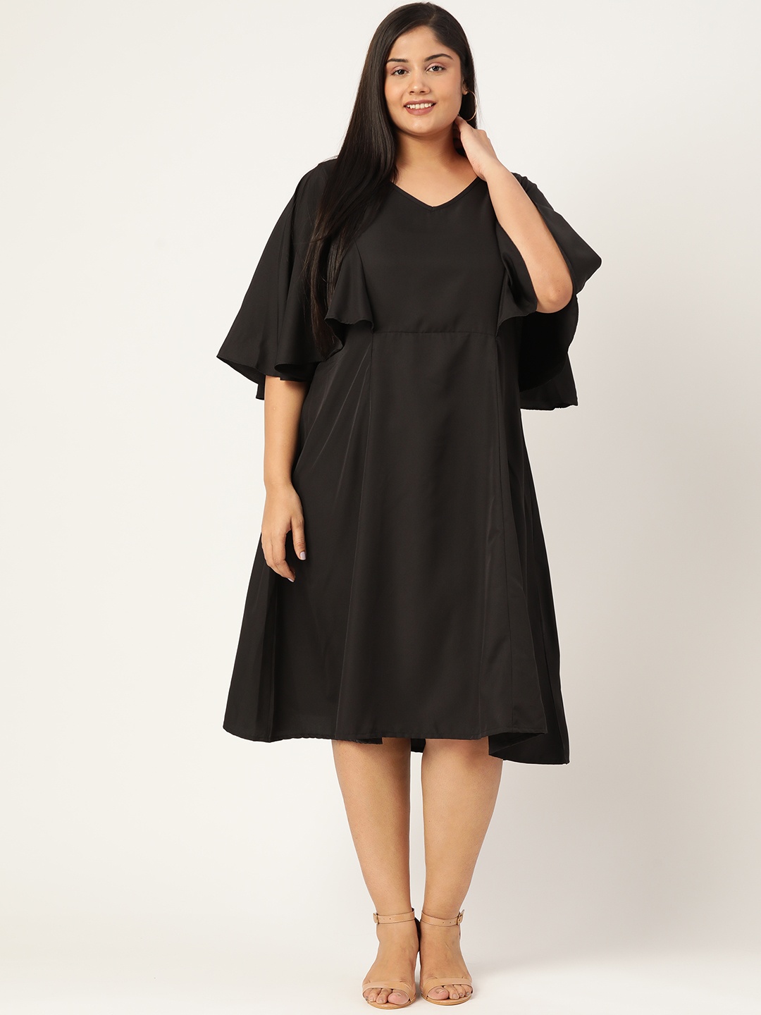 

theRebelinme Plus Size Black Solid A-Line Midi Dress