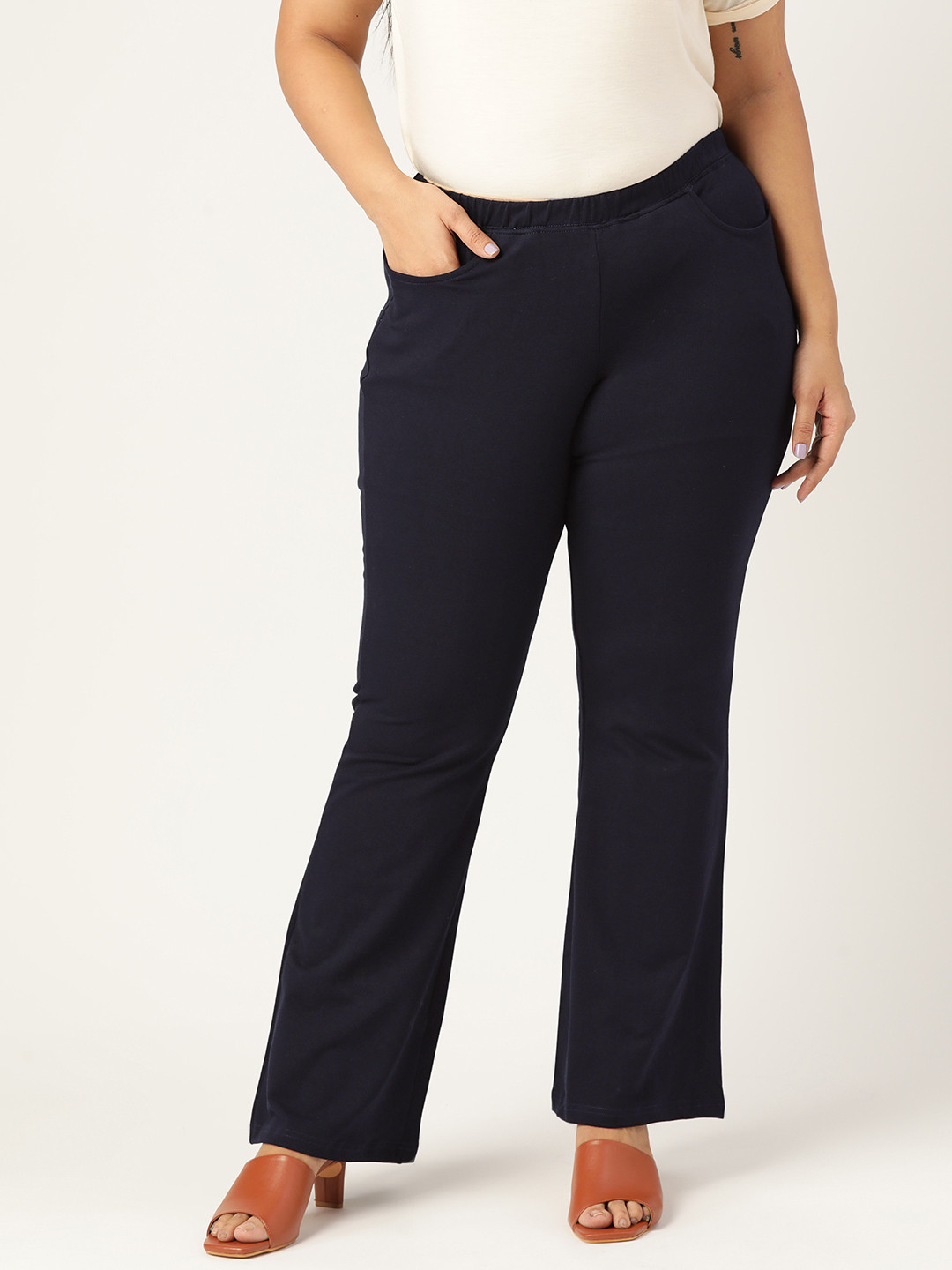 

theRebelinme Women Plus Size Navy Blue Solid Straight Fit High-Rise Trousers